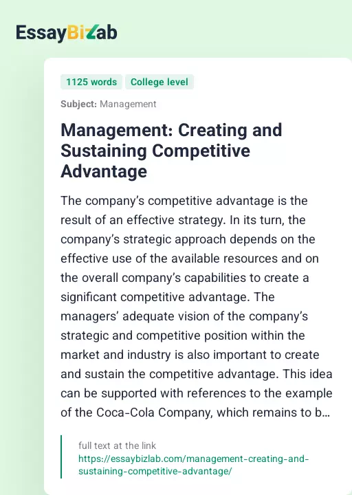 Management: Creating and Sustaining Competitive Advantage - Essay Preview