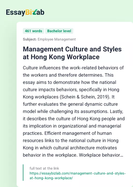 Management Culture and Styles at Hong Kong Workplace - Essay Preview