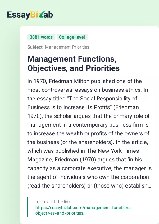 Management Functions, Objectives, and Priorities - Essay Preview