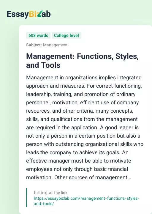Management: Functions, Styles, and Tools - Essay Preview
