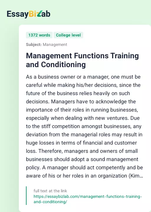 Management Functions Training and Conditioning - Essay Preview