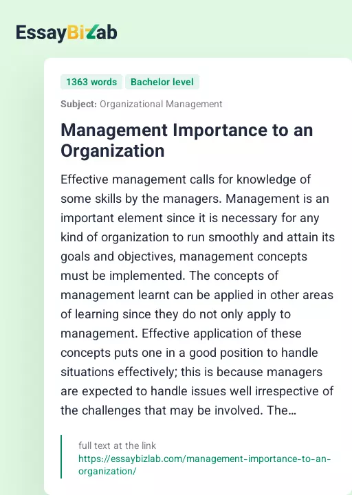Management Importance to an Organization - Essay Preview