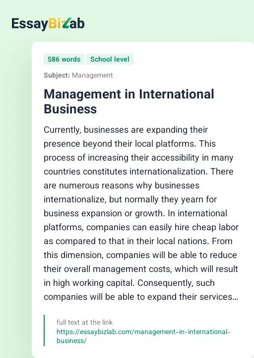 Management in International Business - Essay Preview