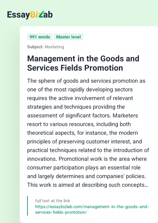 Management in the Goods and Services Fields Promotion - Essay Preview