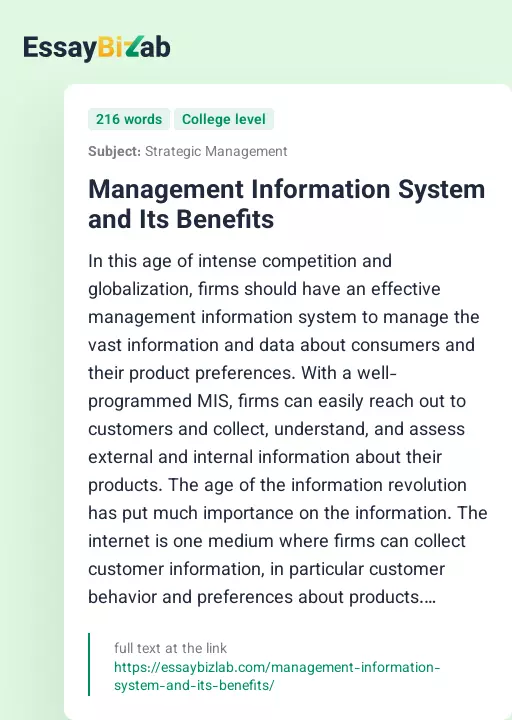 Management Information System and Its Benefits - Essay Preview