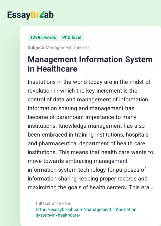 Management Information System in Healthcare - Essay Preview