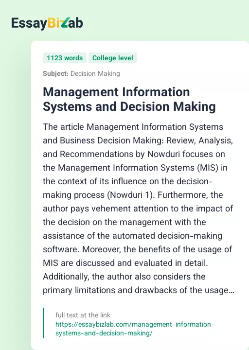 Management Information Systems and Decision Making - Essay Preview