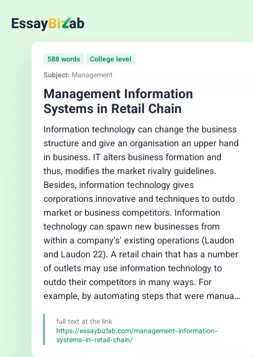 Management Information Systems in Retail Chain - Essay Preview