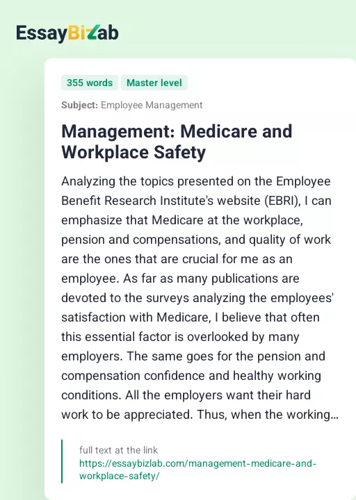 Management: Medicare and Workplace Safety - Essay Preview