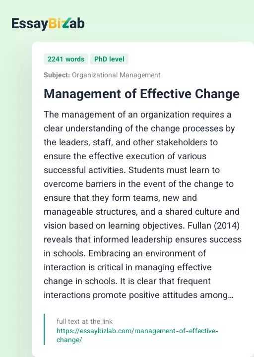Management of Effective Change - Essay Preview