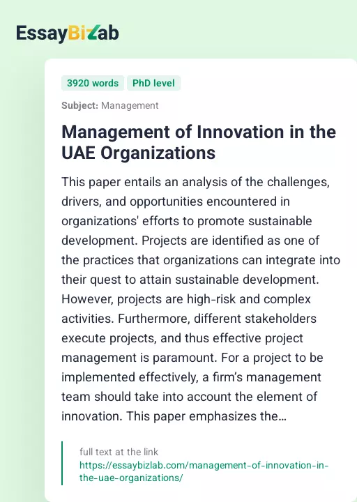 Management of Innovation in the UAE Organizations - Essay Preview