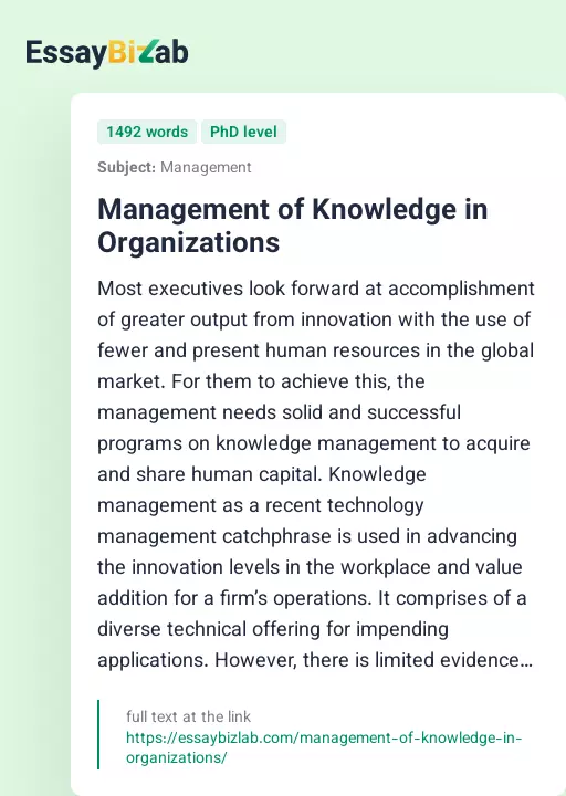 Management of Knowledge in Organizations - Essay Preview