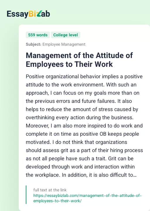 Management of the Attitude of Employees to Their Work - Essay Preview