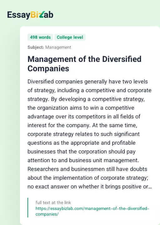 Management of the Diversified Companies - Essay Preview