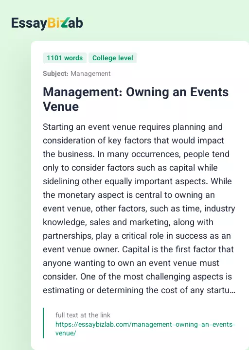 Management: Owning an Events Venue - Essay Preview