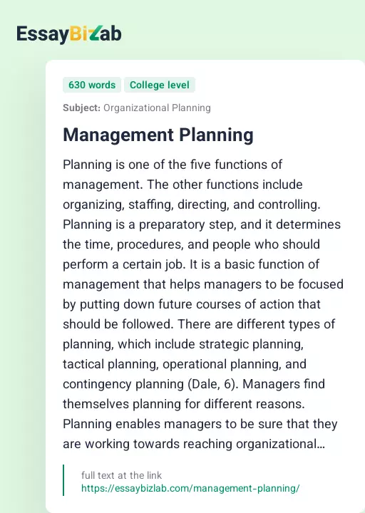 Management Planning - Essay Preview