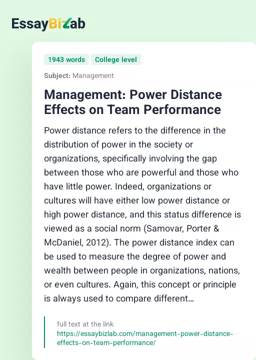 Management: Power Distance Effects on Team Performance - Essay Preview