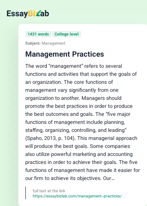 Management Practices - Essay Preview