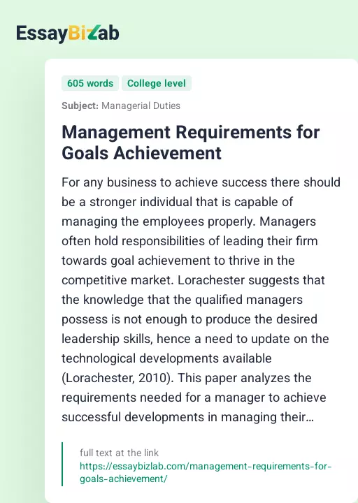 Management Requirements for Goals Achievement - Essay Preview