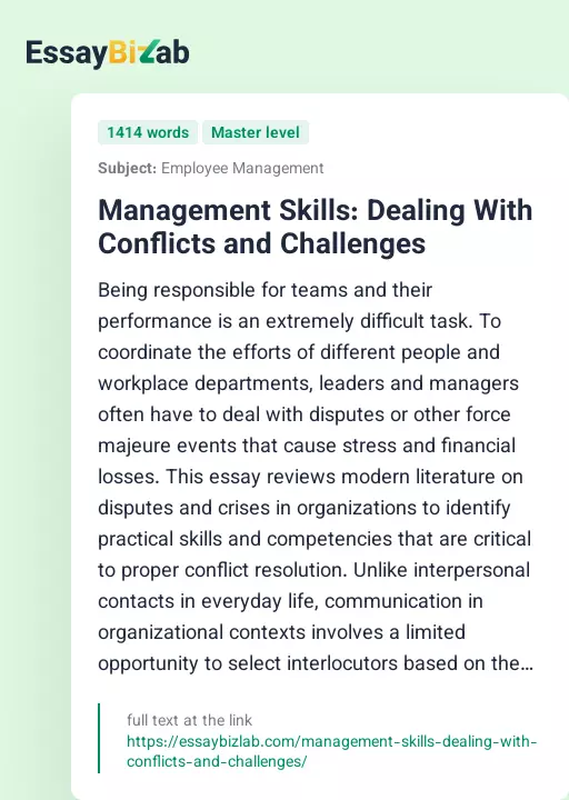 Management Skills: Dealing With Conflicts and Challenges - Essay Preview
