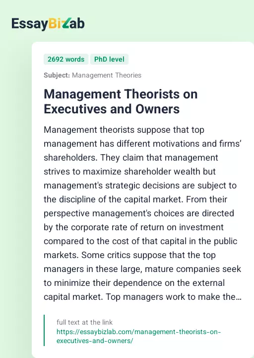 Management Theorists on Executives and Owners - Essay Preview