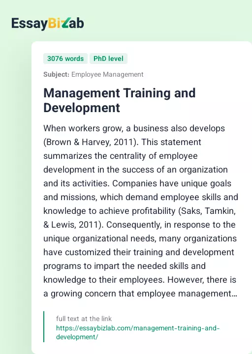 Management Training and Development - Essay Preview