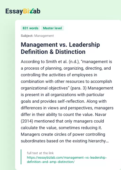 Management vs. Leadership Definition & Distinction - Essay Preview