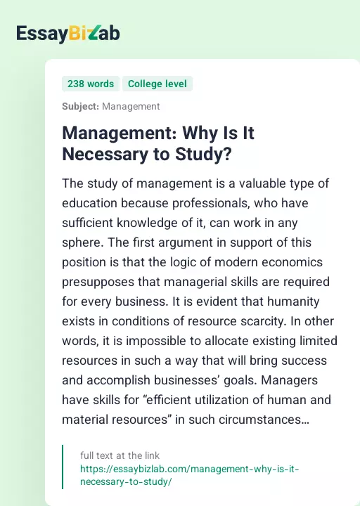 Management: Why Is It Necessary to Study? - Essay Preview