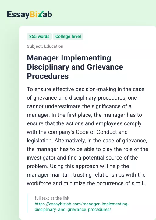Manager Implementing Disciplinary and Grievance Procedures - Essay Preview