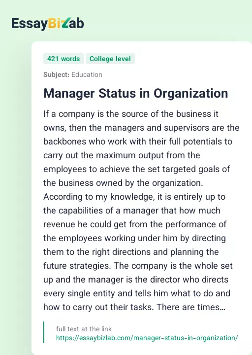 Manager Status in Organization - Essay Preview