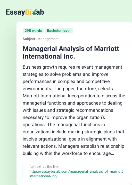 Managerial Analysis of Marriott International Inc. - Essay Preview