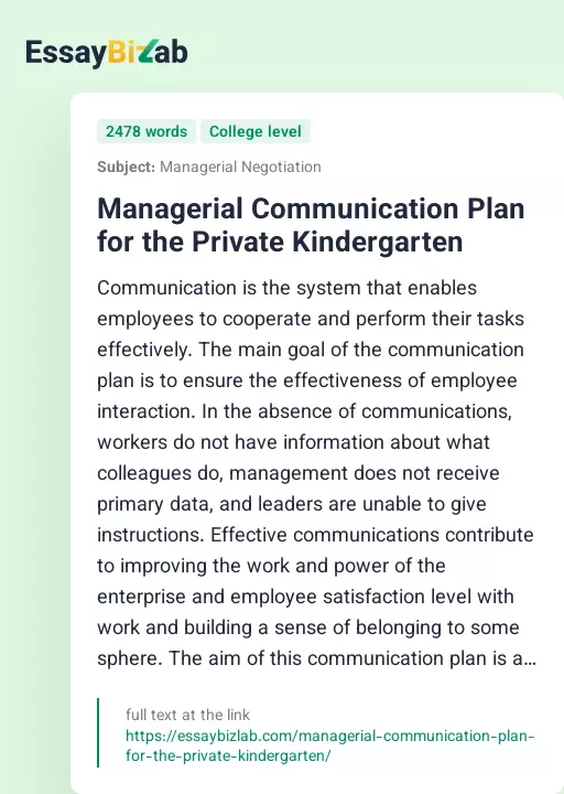 Managerial Communication Plan for the Private Kindergarten - Essay Preview