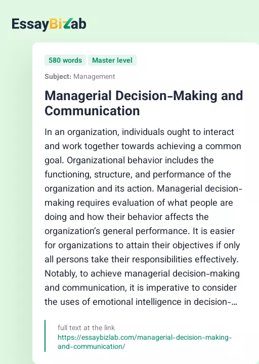 Managerial Decision-Making and Communication - Essay Preview
