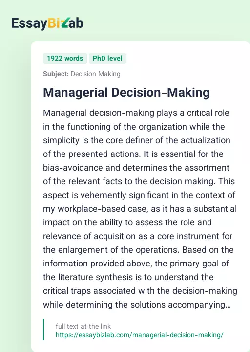 Managerial Decision-Making - Essay Preview