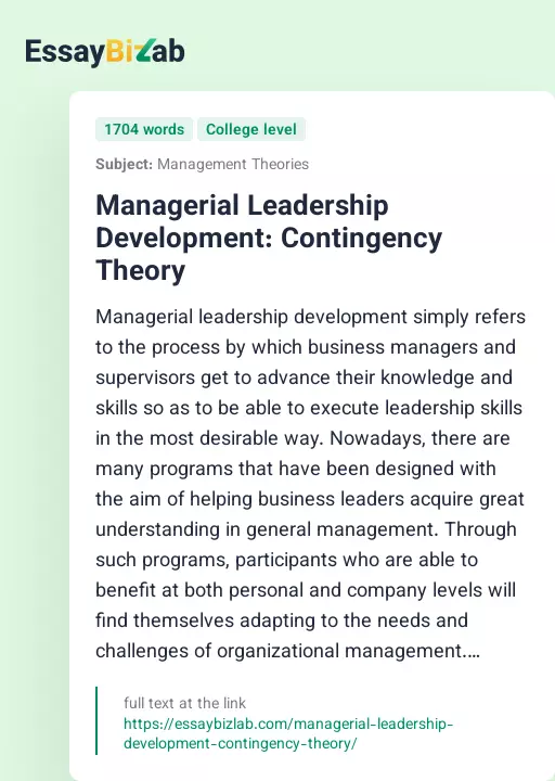 Managerial Leadership Development: Contingency Theory - Essay Preview
