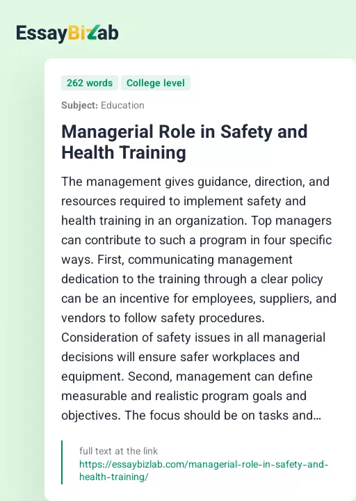 Managerial Role in Safety and Health Training - Essay Preview