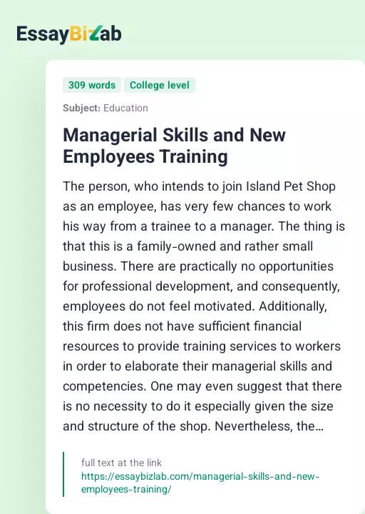 Managerial Skills and New Employees Training - Essay Preview
