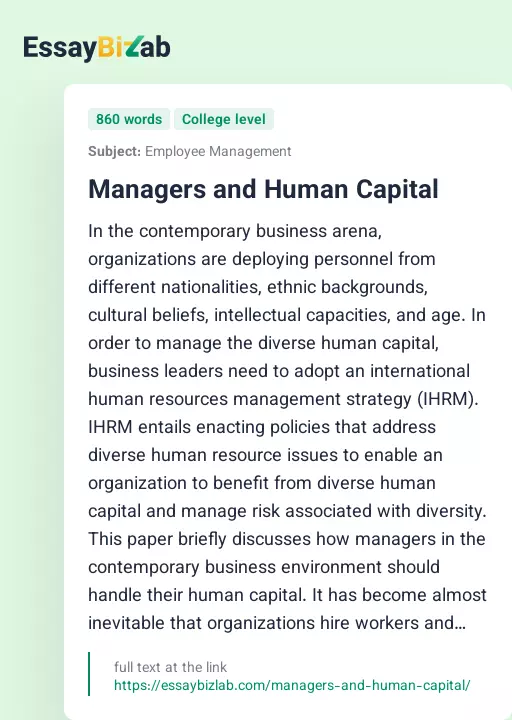 Managers and Human Capital - Essay Preview