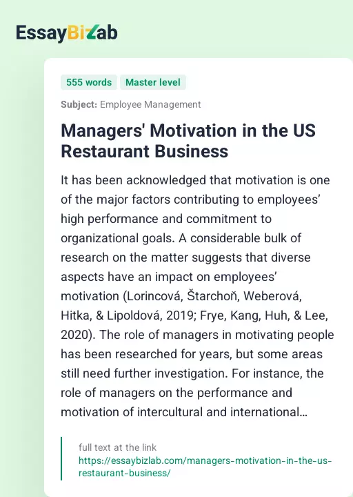 Managers' Motivation in the US Restaurant Business - Essay Preview
