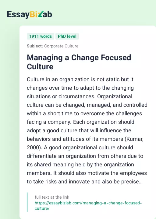Managing a Change Focused Culture - Essay Preview