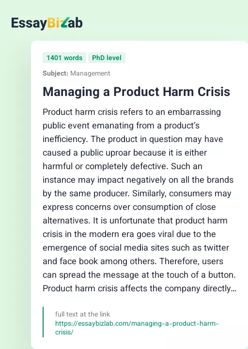 Managing a Product Harm Crisis - Essay Preview