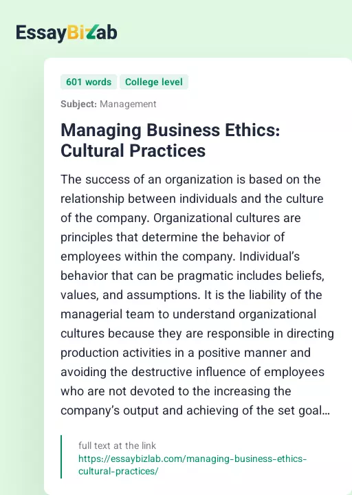 Managing Business Ethics: Cultural Practices - Essay Preview