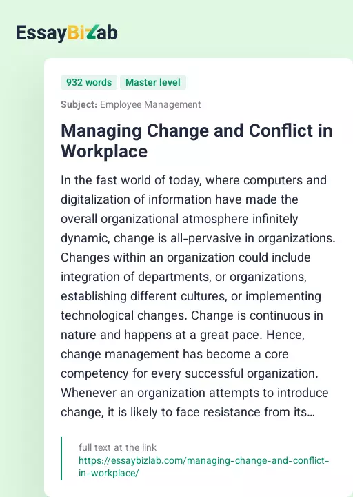 Managing Change and Conflict in Workplace - Essay Preview