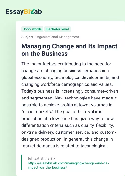 Managing Change and Its Impact on the Business - Essay Preview