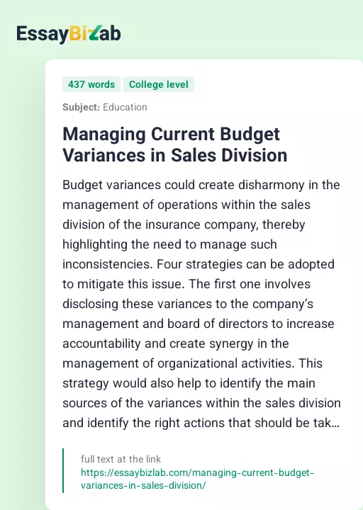 Managing Current Budget Variances in Sales Division - Essay Preview