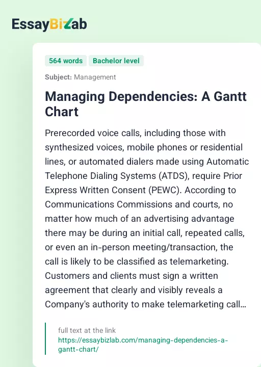 Managing Dependencies: A Gantt Chart - Essay Preview