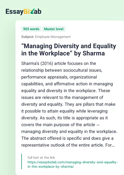 “Managing Diversity and Equality in the Workplace” by Sharma - Essay Preview