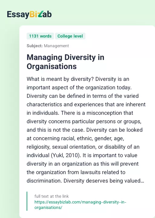 Managing Diversity in Organisations - Essay Preview