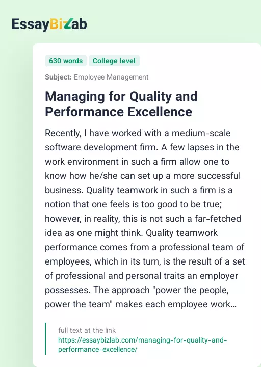 Managing for Quality and Performance Excellence - Essay Preview