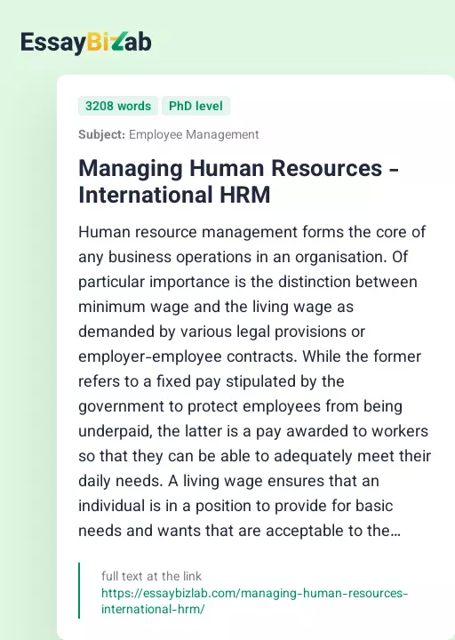 Managing Human Resources - International HRM - Essay Preview